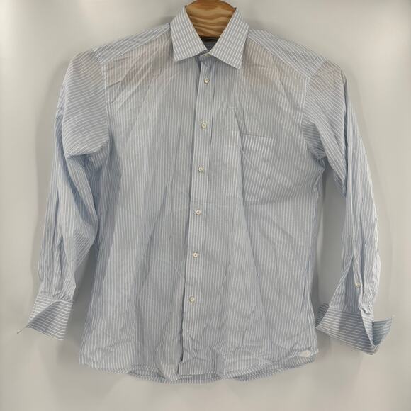 Ermenegildo Zegna 16-41 Blue White Striped Button Down French Cuff Shirt - Picture 3 of 4